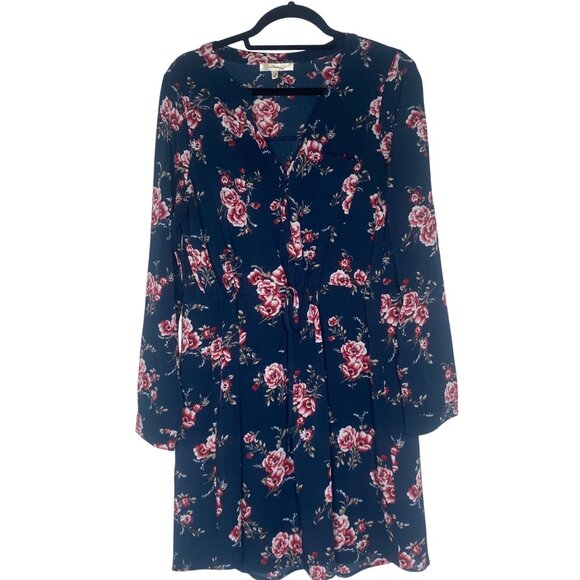 Andree By Unit Floral Navy Dress Womens L Button-Front Roll Tab Sleeves Casual - Picture 1 of 14
